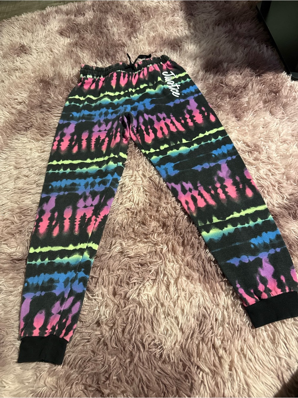 Justice Black Tie-Dye Joggers with Pink, Blue, Green, Purple Stripes